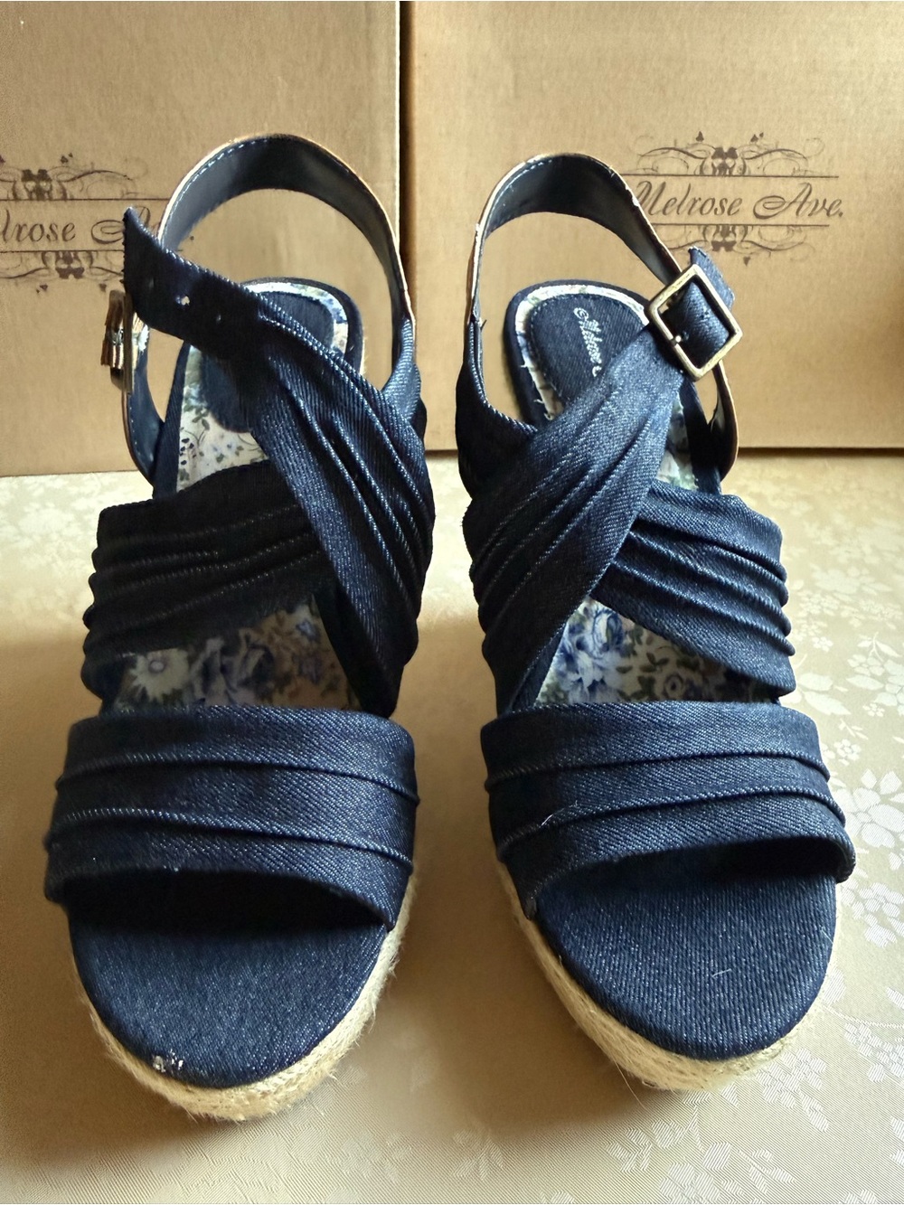 NIB Women's Dark Denim Wedge Platform Heels Sandals 7.5